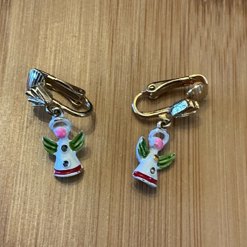 Vintage Angel Clip-On Earrings - White and Green